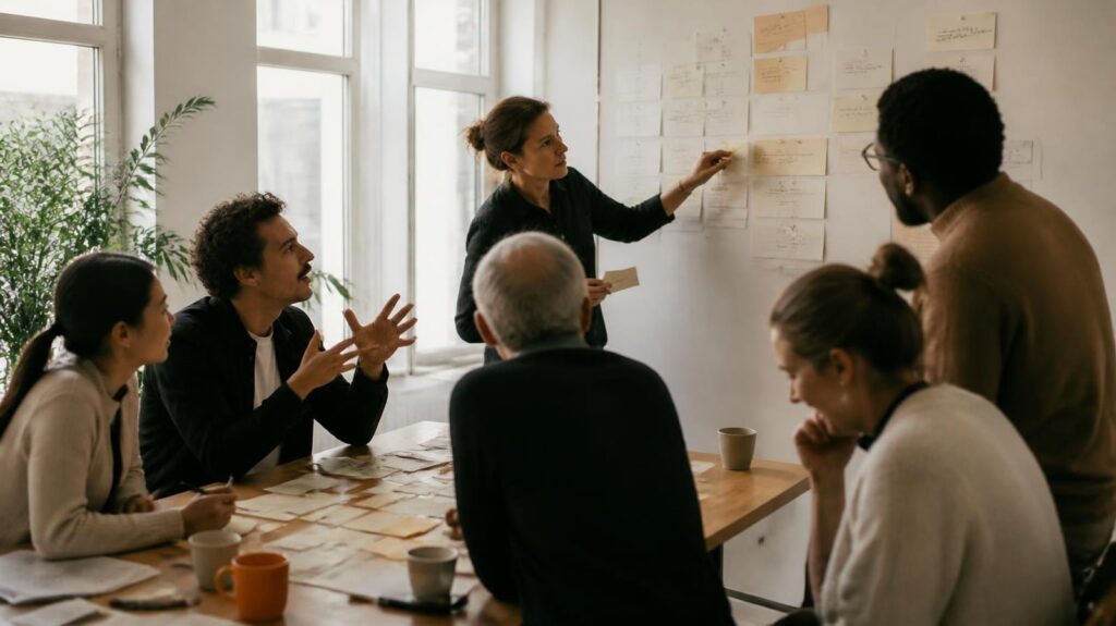Mensen in gesprek tijdens een werksessie over een kernverhaal